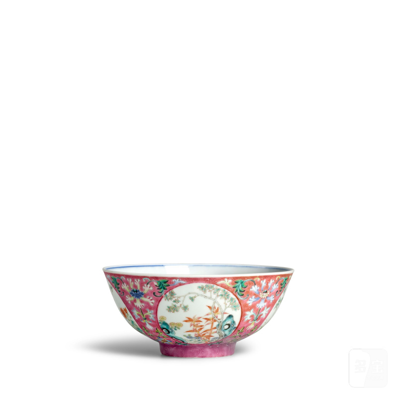 清道光 粉地軋道粉彩開光花卉紋碗 | A PINK-GROUND FAMILLE-ROSE SGRAFFIATO 'MEDALLION' BOWL - 图4